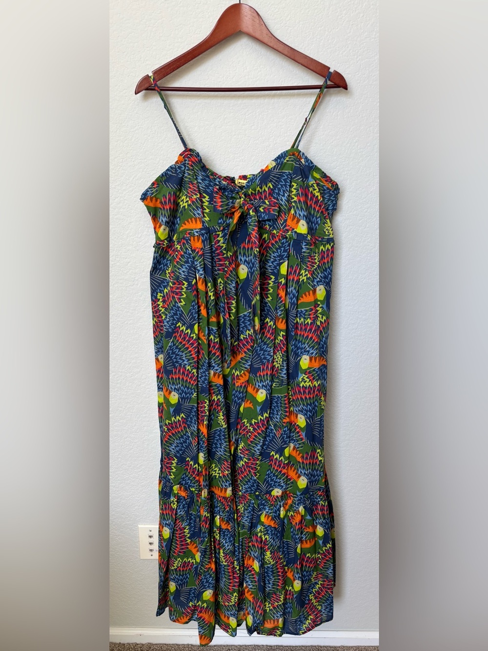 FARM Rio x Anthropologie Tropical Toucan Bird Print Cotton Tiered Maxi Dress L